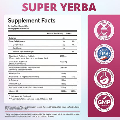 ZOOONE Super Yerba Mate tea Instant Powder 30 Packets- Raspberry Lemonade Flavor | Servings Clean Energy & Focus Boost Brain Fog Buster| Gut Support, Antioxidants