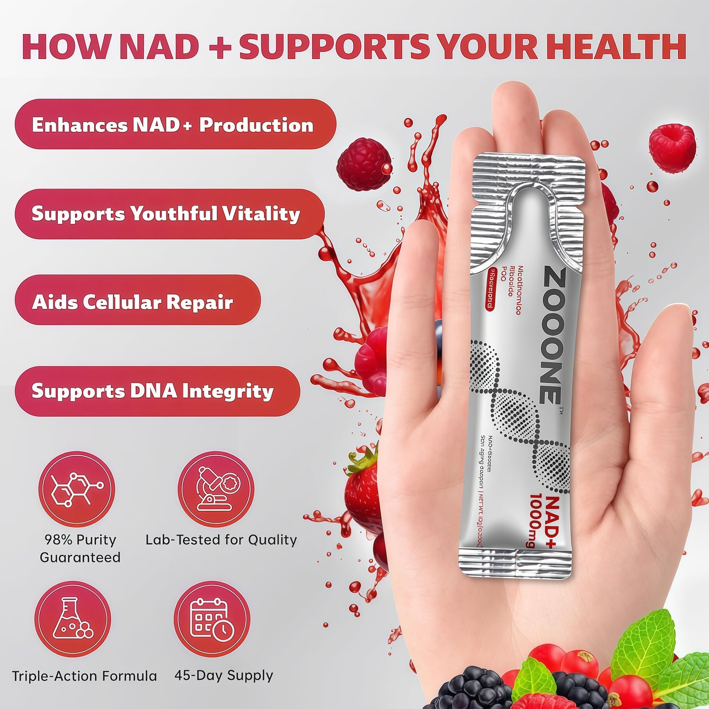 zooone- NAD+ Supplement 30pcs, Premium Nicotinamide Riboside & Resveratrol, DNA Repair & Healthy Aging， Advanced NAD Supplement for Men & Women, Boosts Cellular Energy.