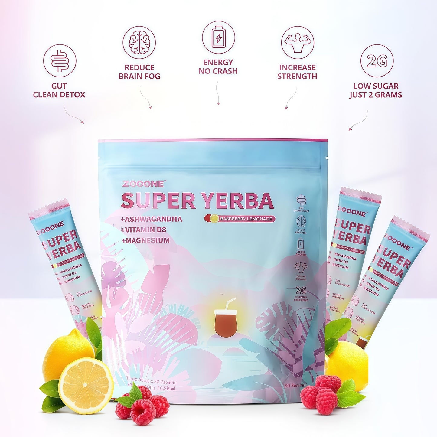 ZOOONE Super Yerba Mate tea Instant Powder 30 Packets- Raspberry Lemonade Flavor | Servings Clean Energy & Focus Boost Brain Fog Buster| Gut Support, Antioxidants