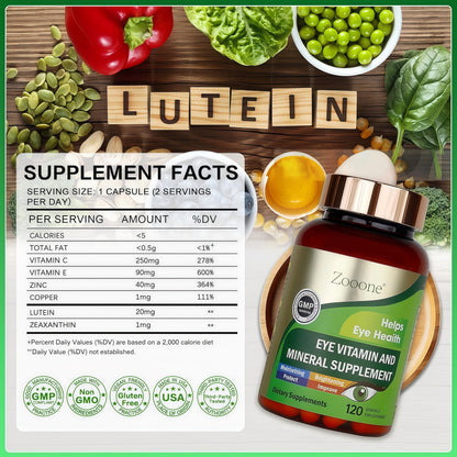 zooone- 120pcs Lutein Eye Vitamins Supplement for Macular Health and Dry Eye, Contains Lutein, Zinc, Vitamins C/E & Zeaxanthin to Support Eye Health