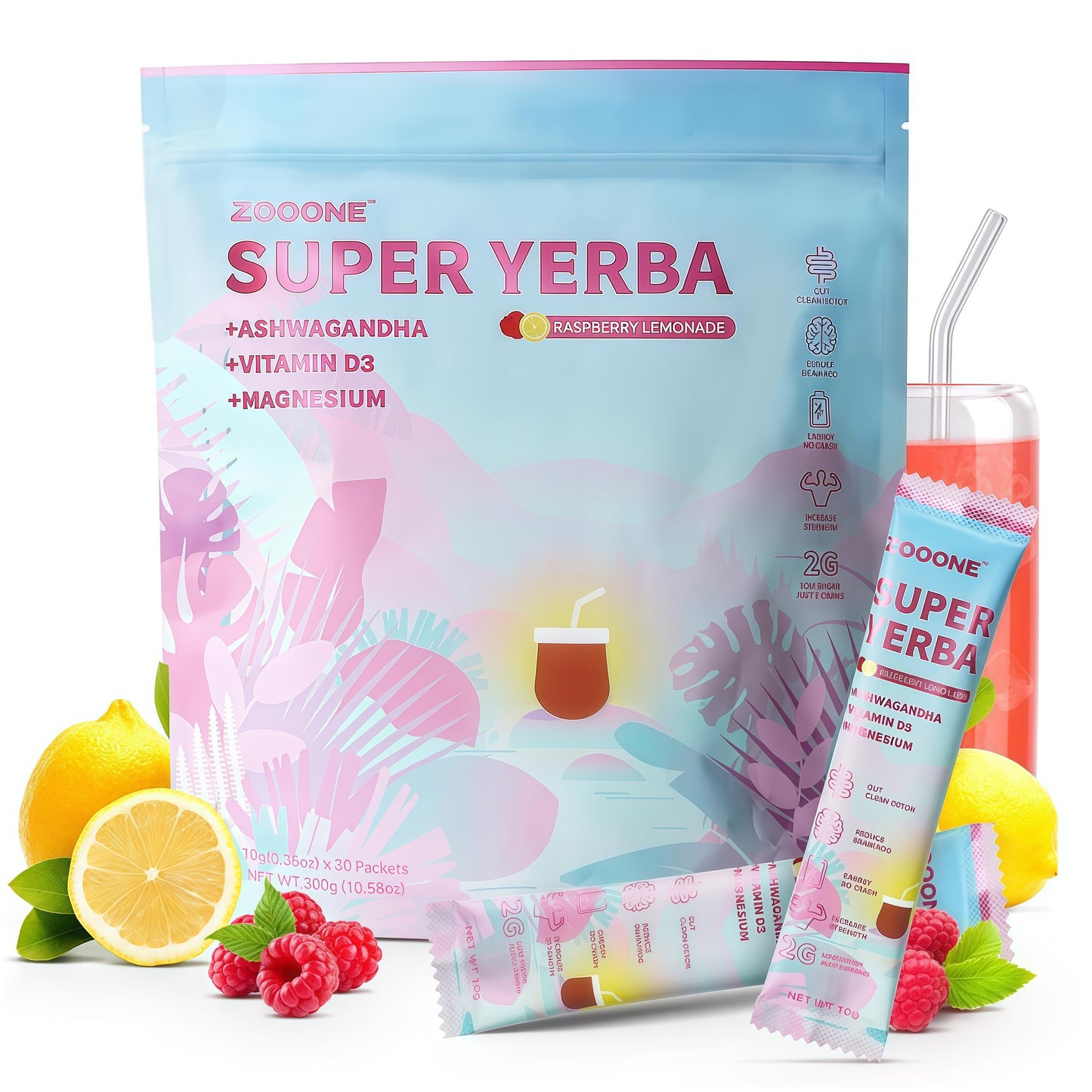 ZOOONE Super Yerba Mate tea Instant Powder 30 Packets- Raspberry Lemonade Flavor | Servings Clean Energy & Focus Boost Brain Fog Buster| Gut Support, Antioxidants